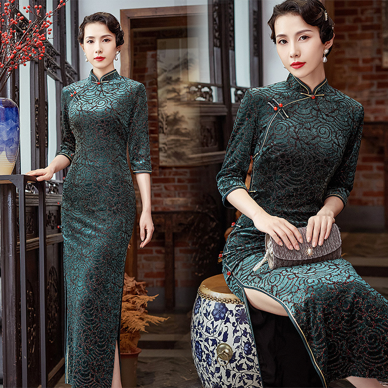 velvet cheongsam dress