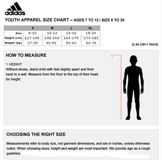 adidas size chart kids clothing