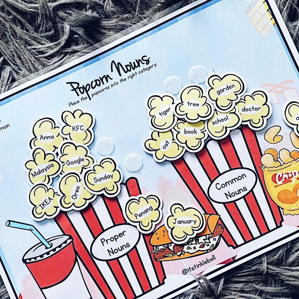 Popcorn Nouns (Proper and Common) Velcro laminated cards Tinklebell