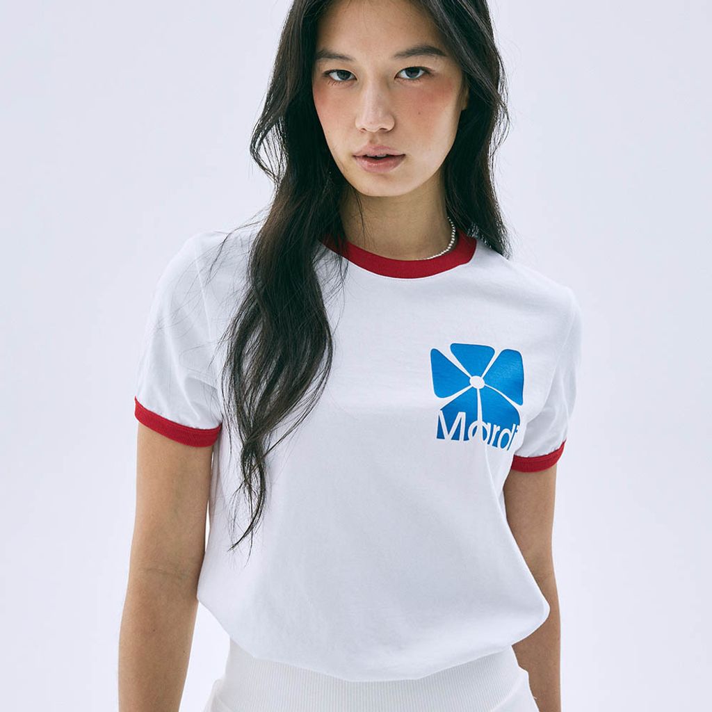 RINGER TSHIRT SQUARE FLOWERMARDI_WHITE BLUE