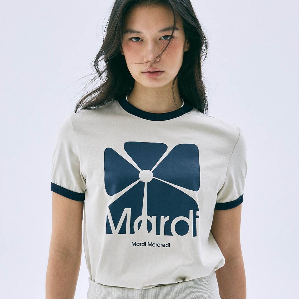 RINGER TSHIRT BIG SQUARE FLOWER_BEIGE NAVY
