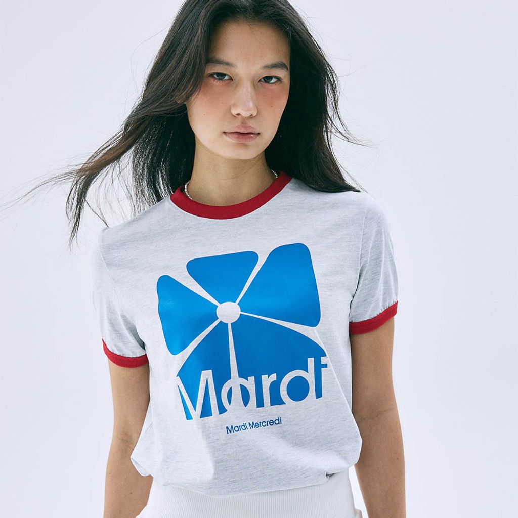 RINGER TSHIRT BIG SQUARE FLOWER_MELANGE GREY BLUE