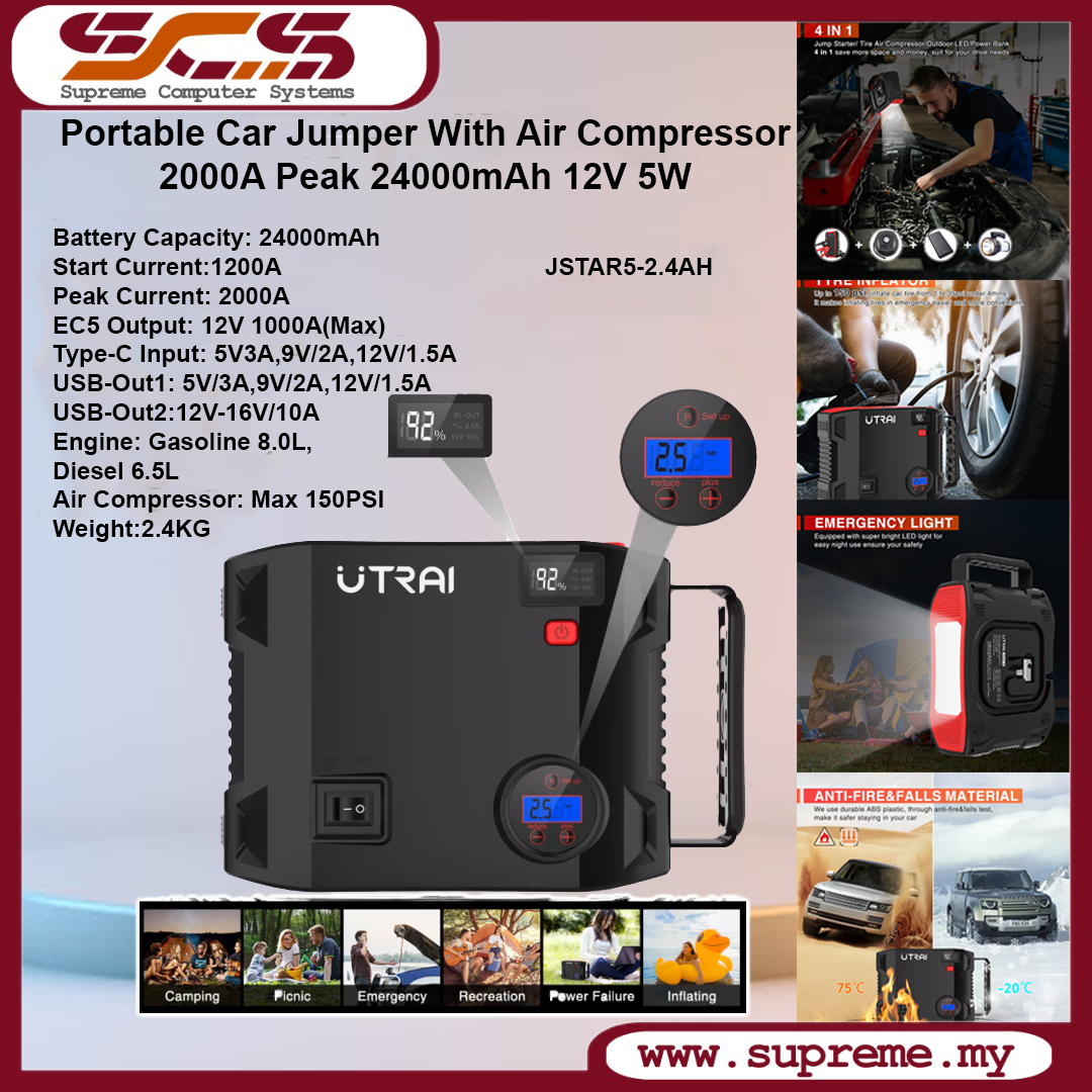 Utrai 2000A Portable Jump Starter with Air Compressor, Power Bank, Inflator  12V