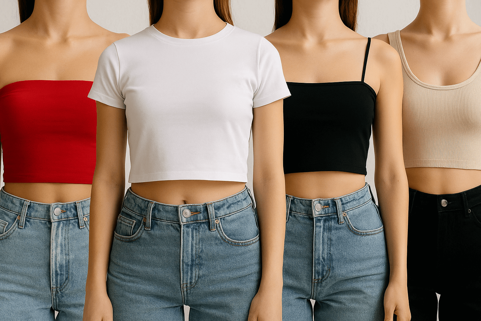 different styles of tube tops and crop tops