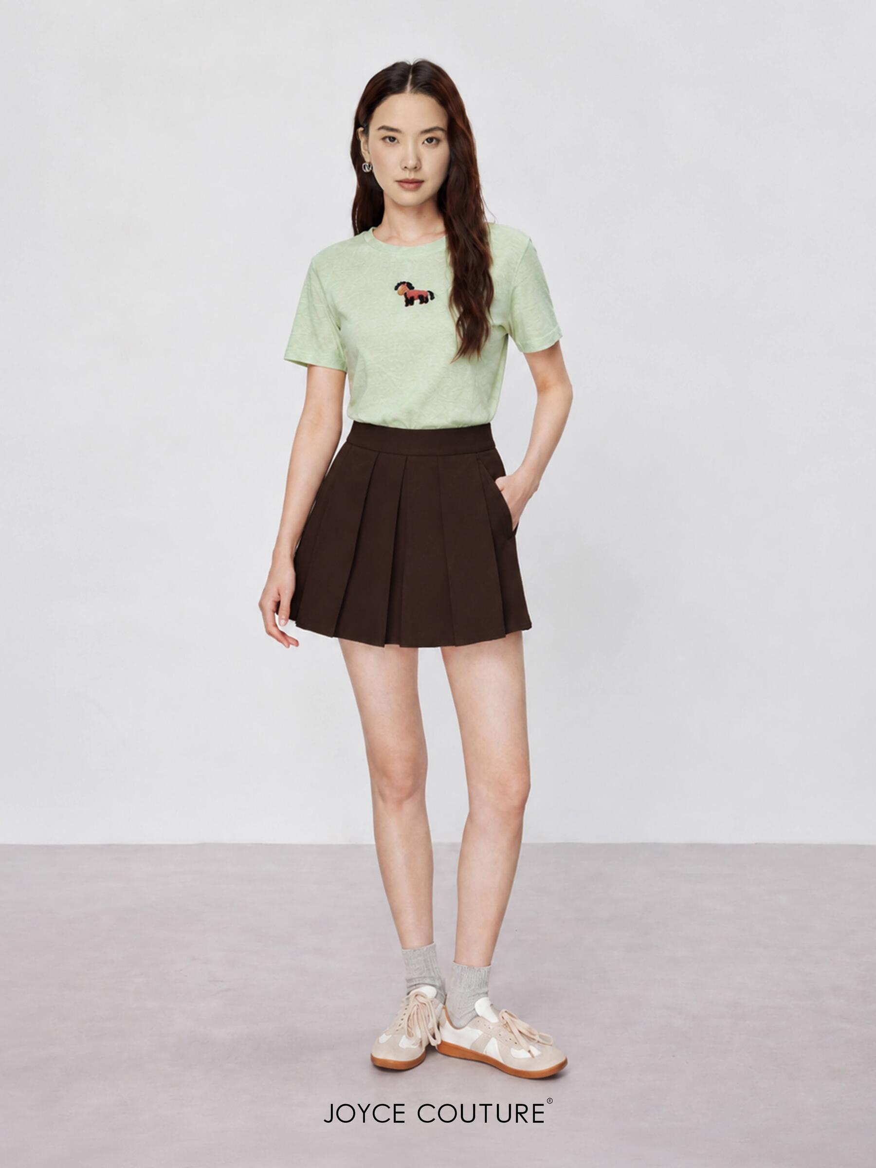 Mint Tee and Pleated Brown Skirt