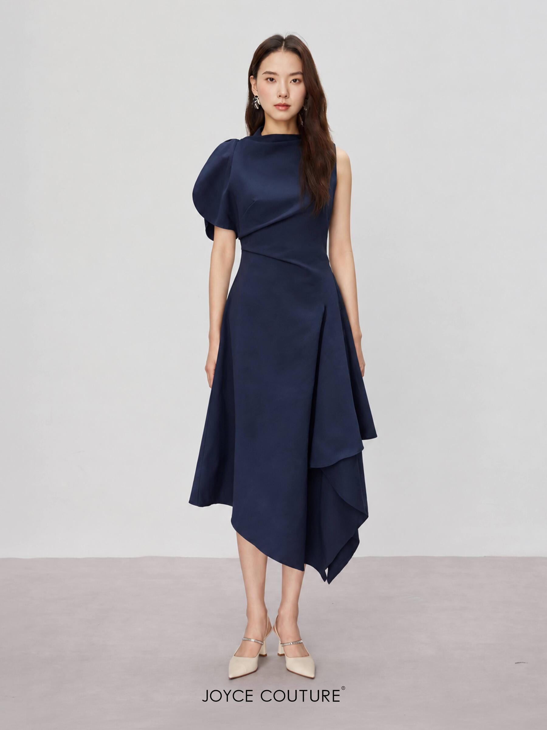 Asymmetrical Navy Dress Studio Portrait