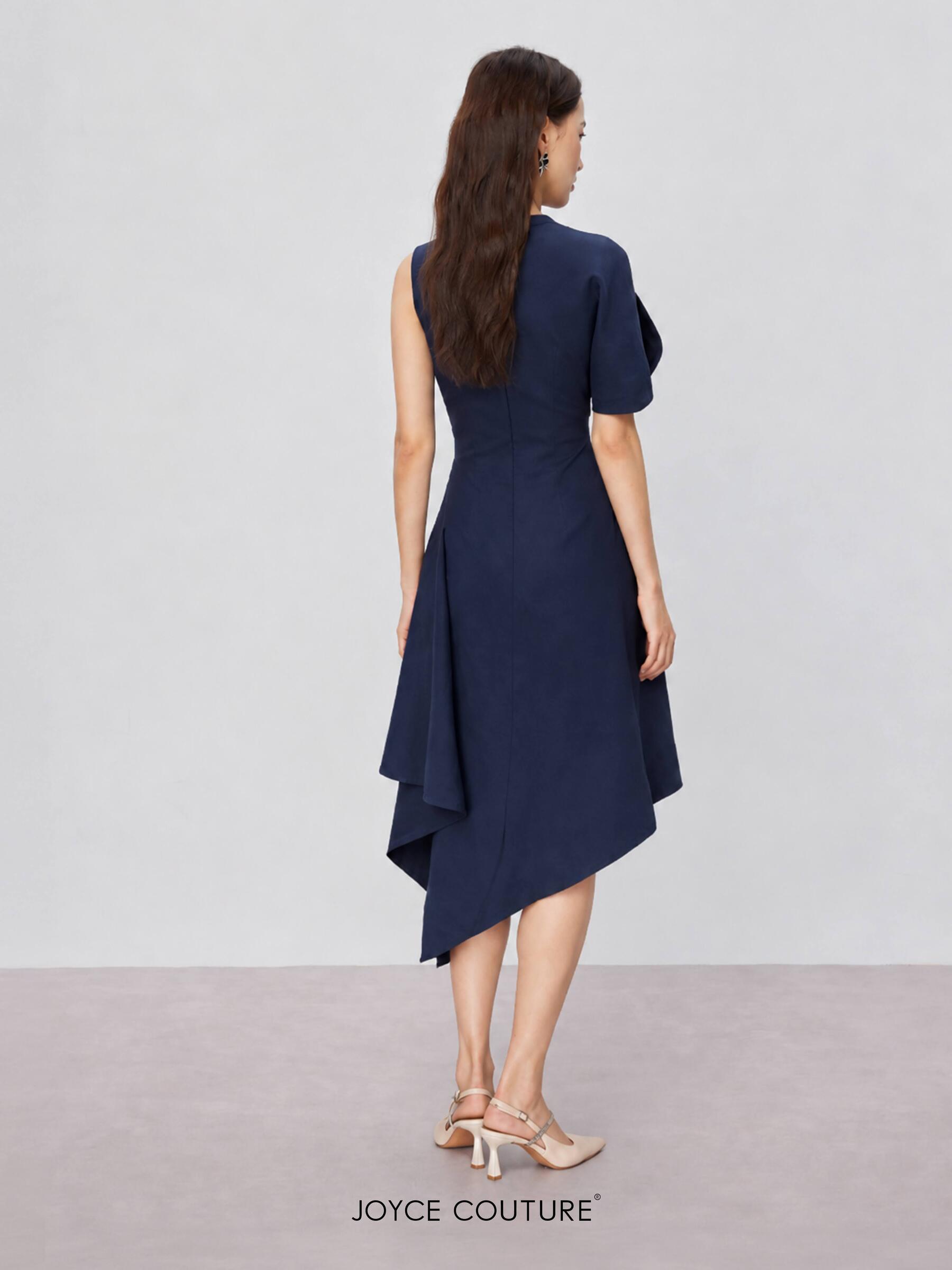 Asymmetrical Navy Midi Dress Look