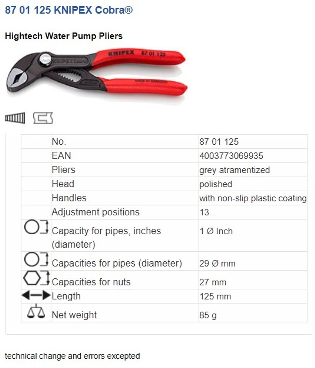 Knipex Cobra Water Pump Pliers, 7-1/4 Length - 97-600-1 - Penn Tool Co.,  Inc