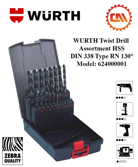 WURTH (Germany) Twist Drill Assortment HSS DIN 338 Type RN 130° Set (Model:  0624 000 001) – Conmax Resources