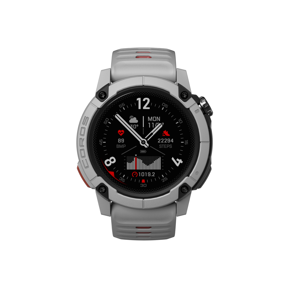 The_front_view_of_the_COROS_Nomad_Watch_in_Ash_Color