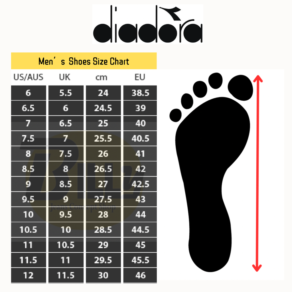 Diadora men's shop shoes size chart