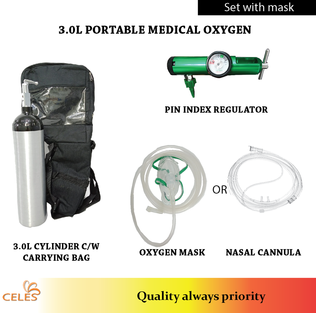 CELES Medical Oxygen 3.0L tank Set, with carry bag, regulator pin index
