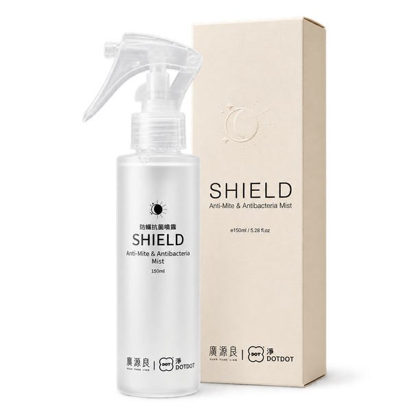 享居淨 DOTDOT × 廣源良 SHIELD 防蟎抗菌噴霧150ml瓶身與外盒