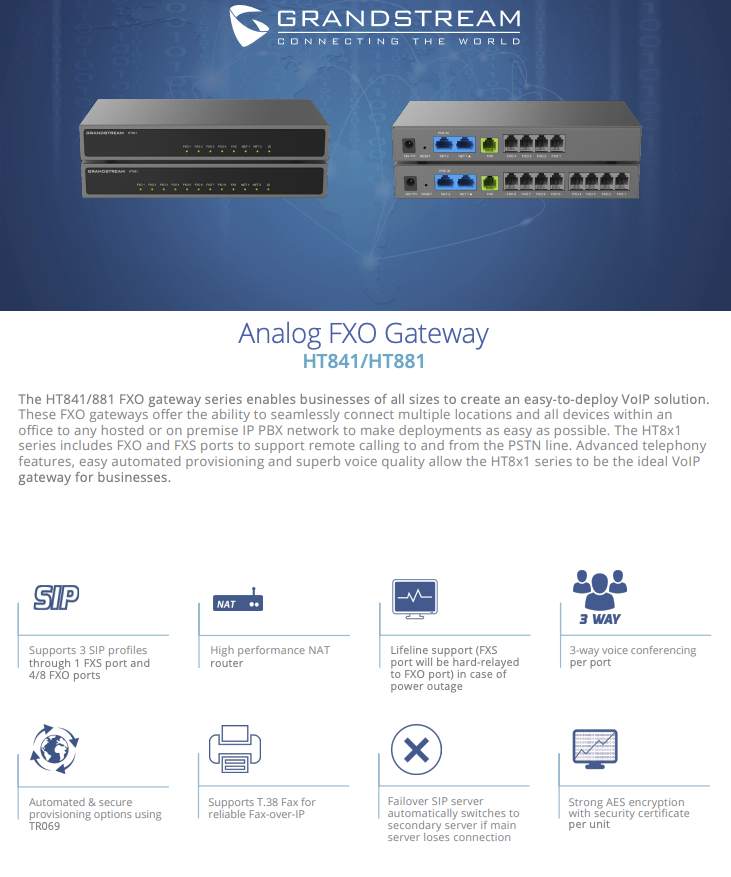 Grandstream HT841/HT881 Analog FXO Gateway 功能概覽