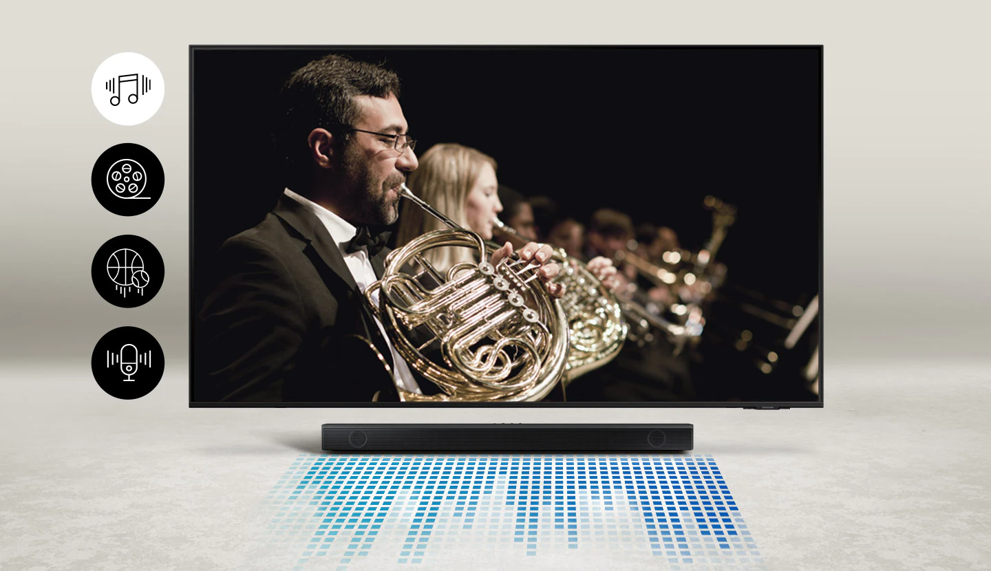 Description: A TV shows orchestra and the soundbar shows it's audio waves. Music, movie, motorsport, and news icon can be seen on left.