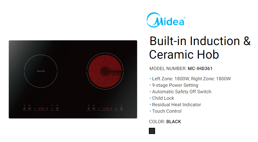 Description: MIDEA 1800 W Built-in Induction & Ceramic Hob MC-IHD361 | Ngie Ann Trading  Sdn Bhd (430304-P)
