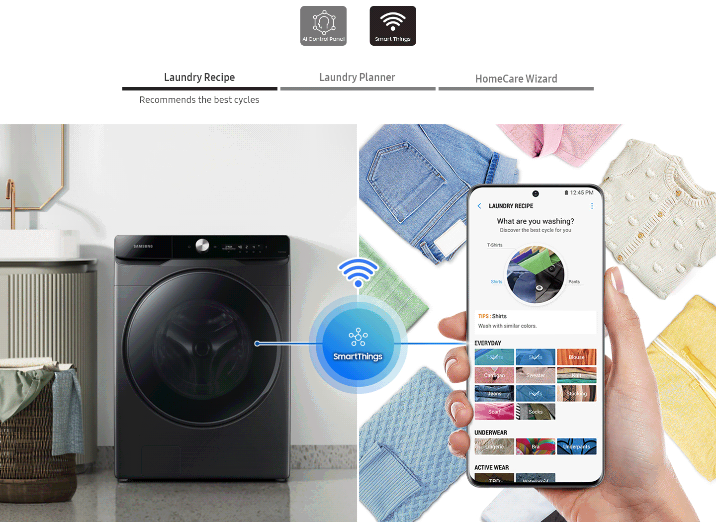 Description: The wash cycle controlled via the SmartThings app. Laundry recipe, Laundry planner, HomeCare Wizard.