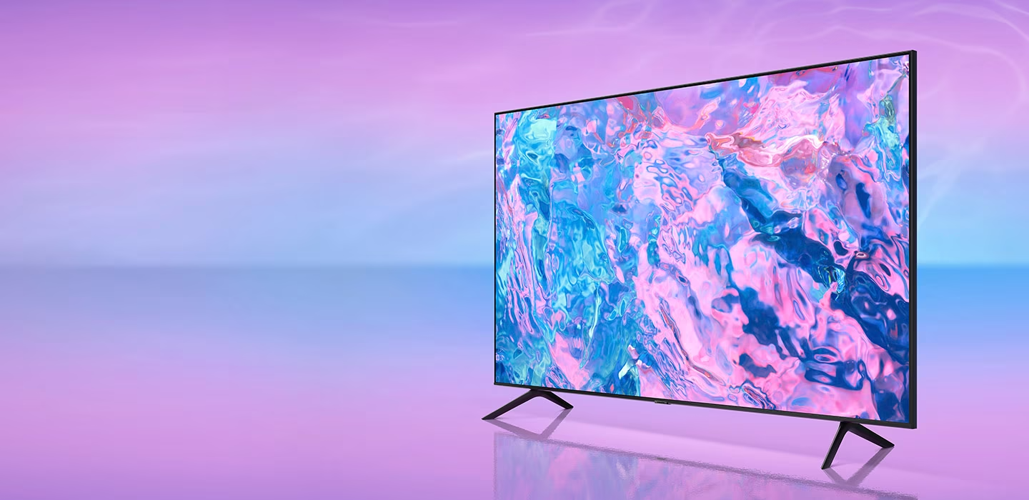 Description: A Crystal UHD TV is displaying a very colorful graphic on its screen.