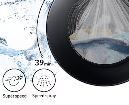 Description: Towels and doll is in the drum and washing takes 39 minutes with the powerful speed spray.