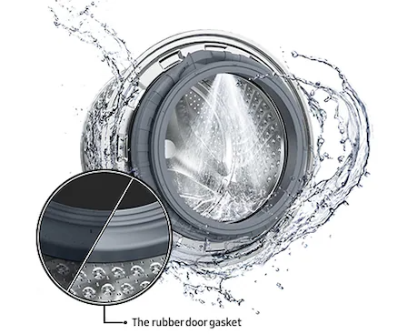 Description: The washer drum is surrounded by clean water and water jets are cleaning the inside. Close-up image of a rubber door gasket being cleaned.