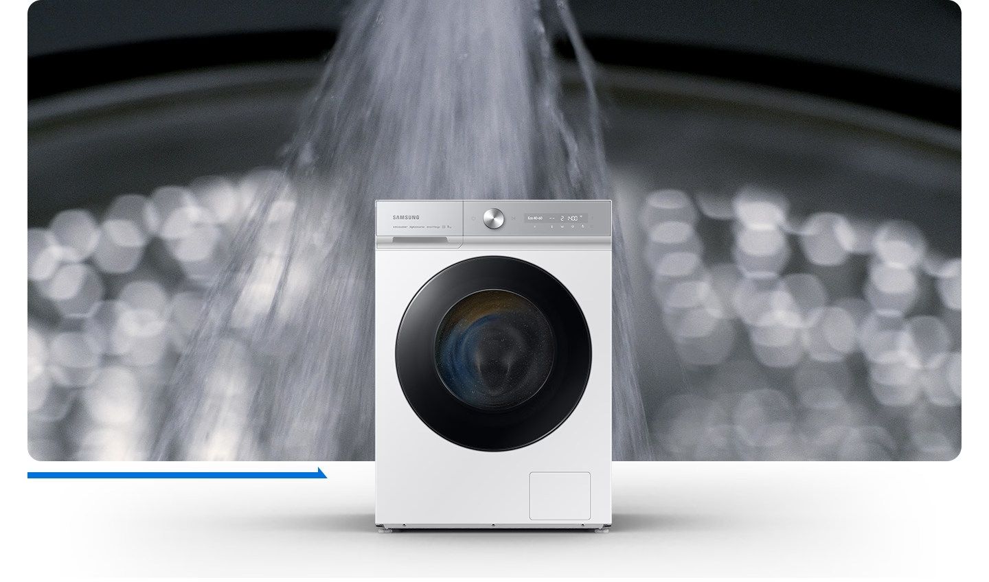 Description: The powerful water is sprayed, bubbles are formed, and clothes are washed. The “50% time saving” text appears on the top of the washing machine.