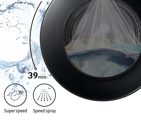 Description: Towels and doll is in the drum and washing takes 39 minutes with the powerful speed spray.