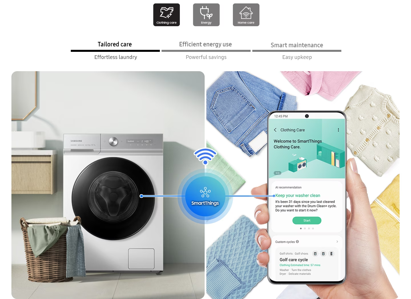 Description: The SmartThings app helps Tailored care, Efficient energy use, Smart maintenance. Clothing Care displays AI recommendations for effortless laundry, Energy notifies best rates based on personal usage for powerful saving, Home Care helps easy upkeep the washing machine maintenance.