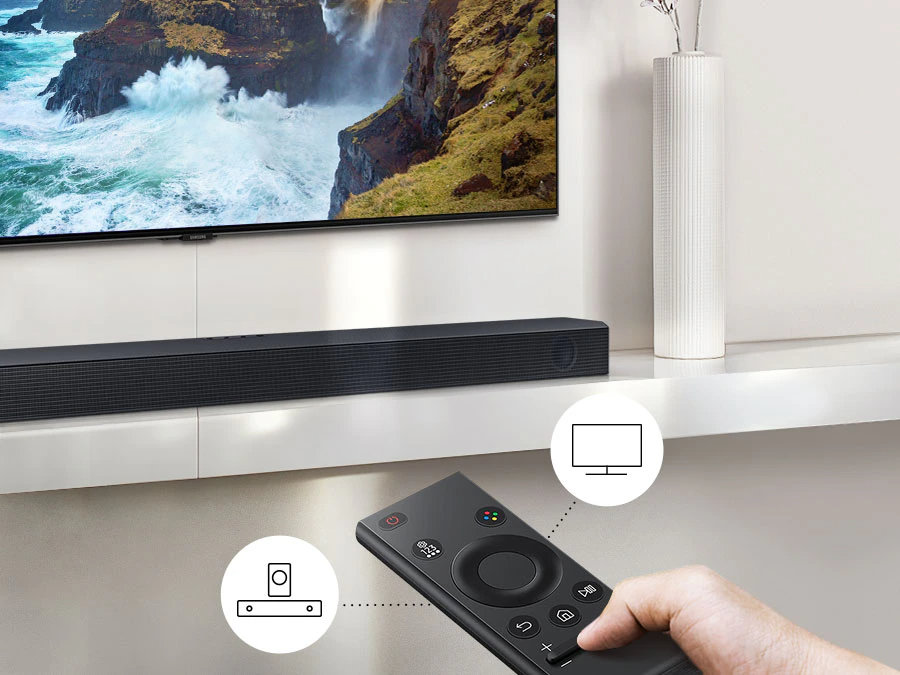 Description: The user controls both Soundbar and TV functions with Samsung TV remote.