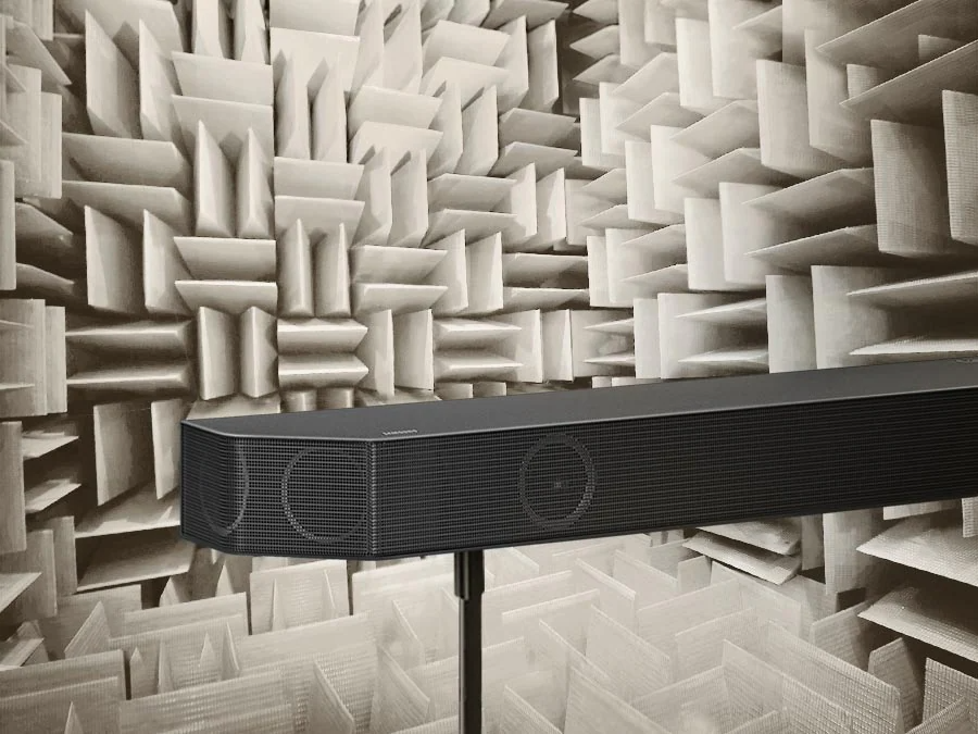 Description: A close up of Samsung Soundbar in an anechoic chamber used to test each aspect of the Soundbar.