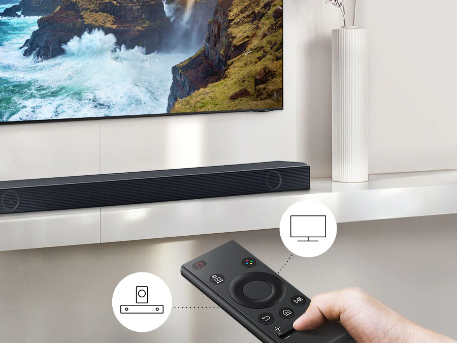 Description: The user controls both Soundbar and TV functions with Samsung TV remote.