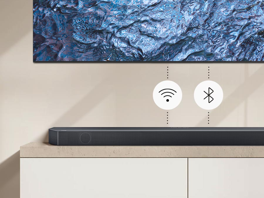 Description: Sound being played through Soundbar connected to TV with Wi-Fi and Bluetooth.