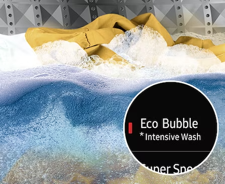 Description: Using the Intensive Wash of the Eco Bubble course, clothes are being washed clean with detergent mixed water.