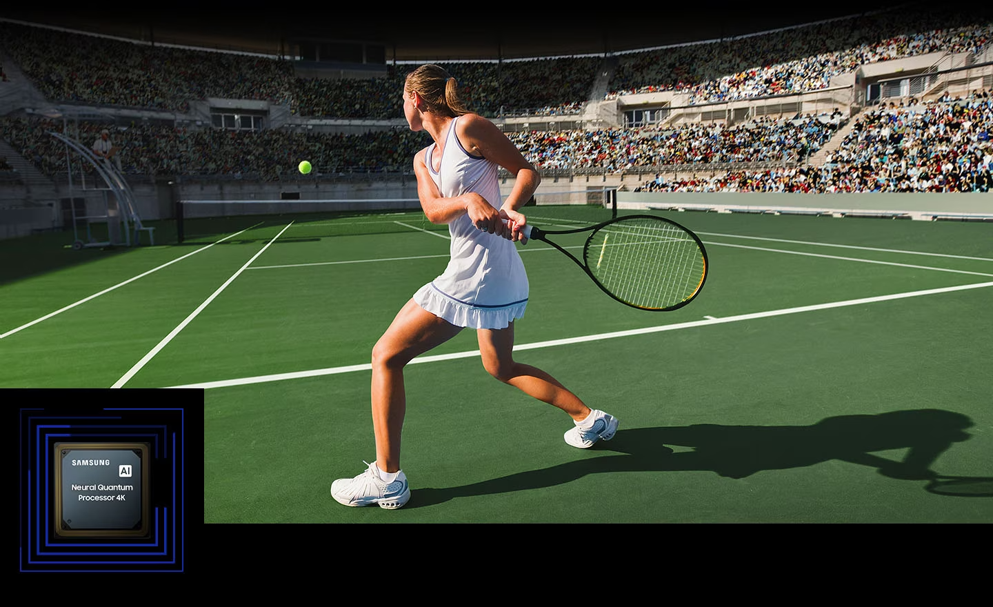 Description: A woman is playing tennis in front of a large crowd. The Neural Quantum Processor 4K processes the many objects on display and enhances the entire scene. Neural Quantum Processor 4K is on display in the lower lefthand corner.