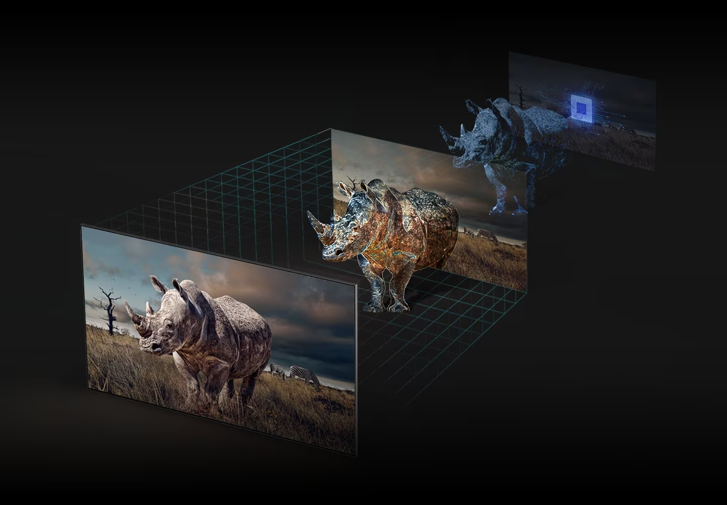Description: The 3 steps to projecting a life like rhinoceros is exhibited using Real Depth Enhancer technology.