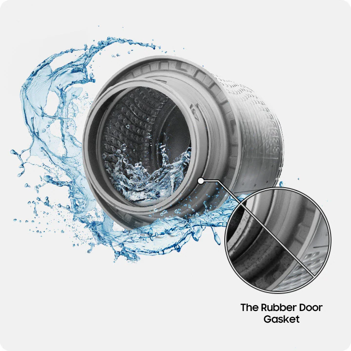 Description: A Bespoke Grande AI washer drum is illustrated at a 45 degree angle. Water splashes inside and outside of the drum. To its right is a closeup of the door gasket, with two types of door gaskets: one is the rubber door gasket used on the Samsung Bespoke Grande AI. It is spotless because of Drum Clean +. The other is a regular door gasket, which is covered in mold.