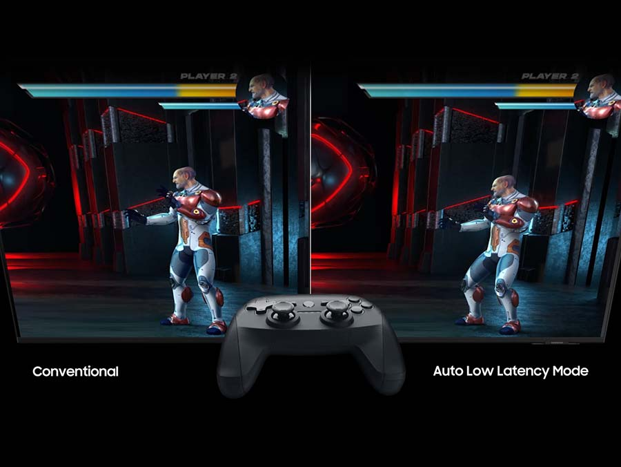 Description: The gameplay screen of a fighting game is divided into two for comparison purposes. The word 'Conventional' is shown under the left where the player's character takes damage. The word 'Auto Low Latency Mode' is shown under the lag-free image on the right, where the same player avoids the attack.