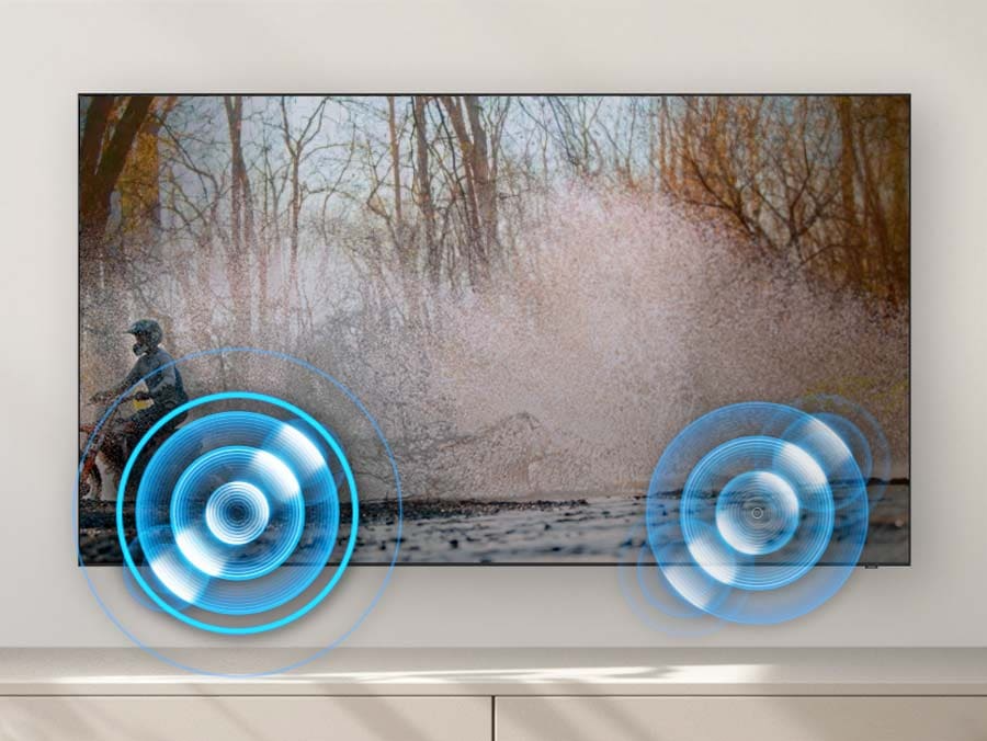 Description: A person on a motorcycle is zipping past from one side to another. Built-in speakers follow the sound of the motorcycle as it moves.