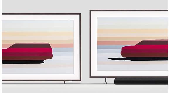 The Frame shows artwork and is using Height Adjustable Stand, illustrating its vertical height adjustability feature which allows it to fit a soundbar underneath The Frame's screen.