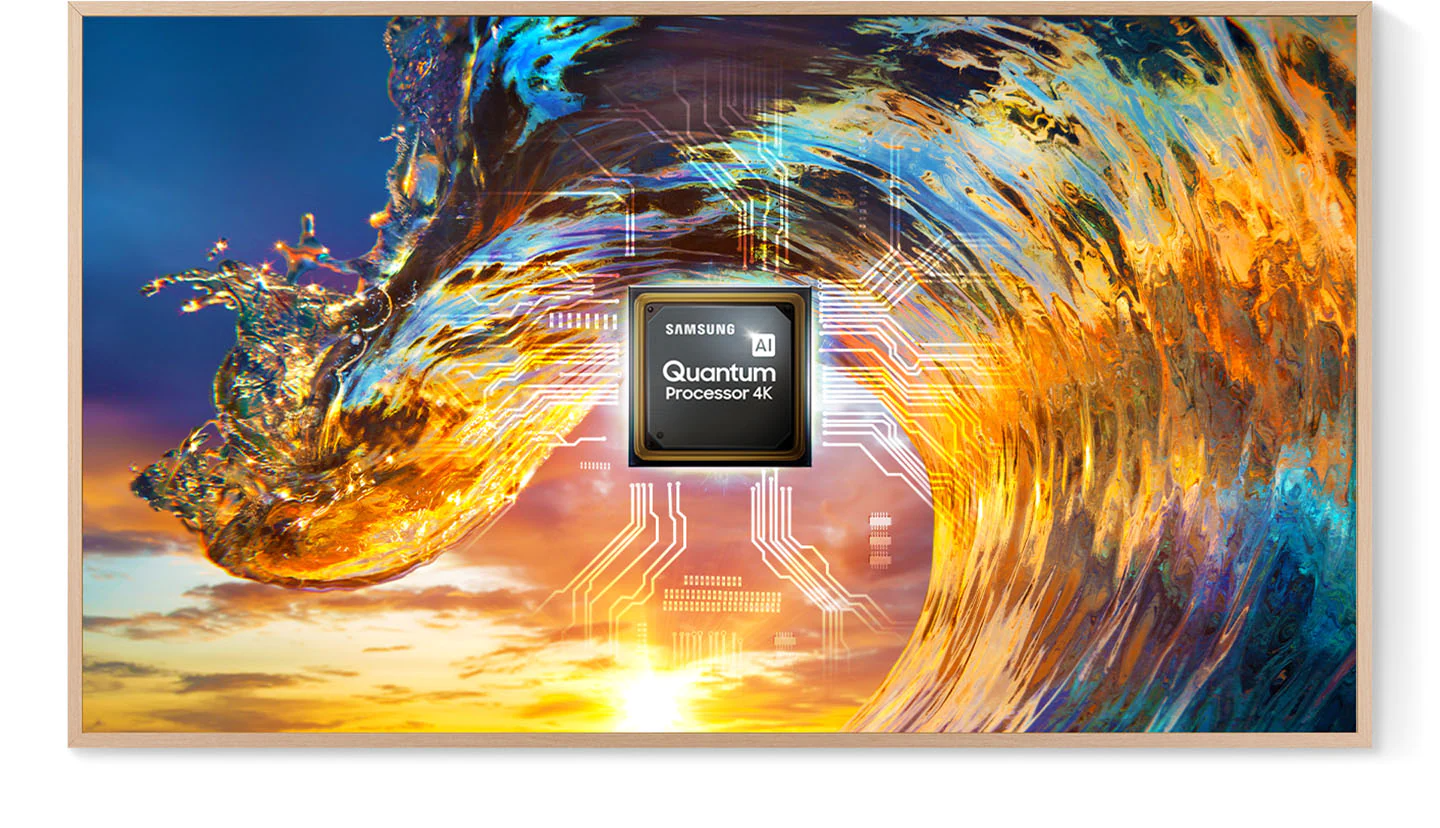 The Frames screen is showing a high resolution image of an ocean wave during a sunset. Simulated to appear behind the image is a hardware design graphic where a processor chip with the logos of Samsung and AI Quantum Processor 4K can be seen.