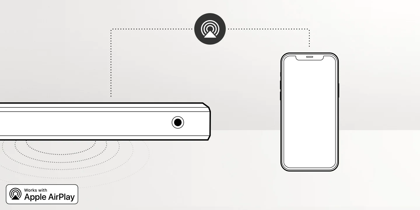 Illustration of the Samsung Q Soundbar's built-in Apple AirPlay 2 feature which lets smartphone audio play through soundbar without the need to pair the devices.