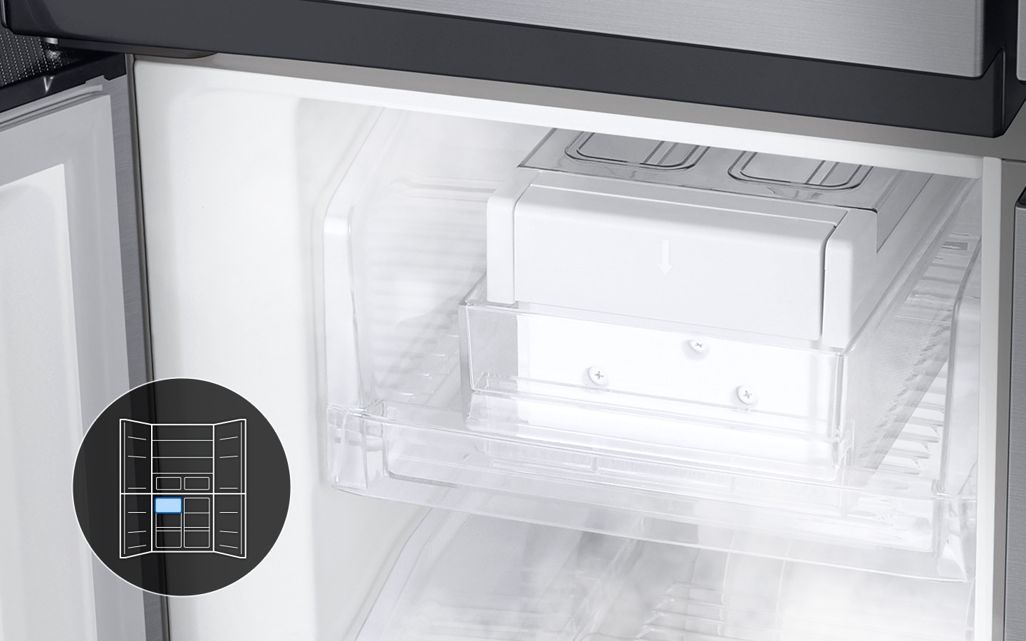 The ice maker is located in the upper left corner of the RF4000TM freezer.