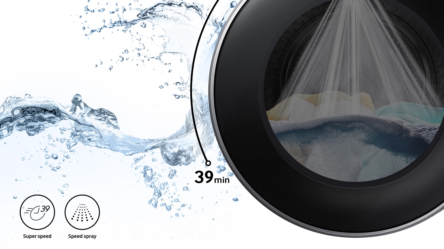 Strong water streams are visible inside the washer door while Super Speed and Speed Spray features are shown in icons.
