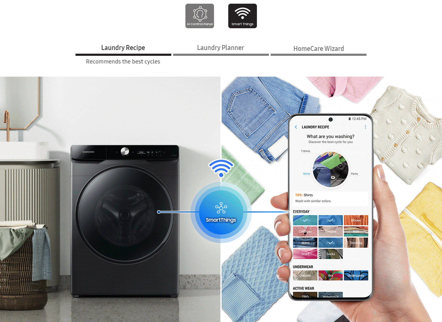 The wash cycle controlled via the SmartThings app. Laundry recipe, Laundry planner, HomeCare Wizard.