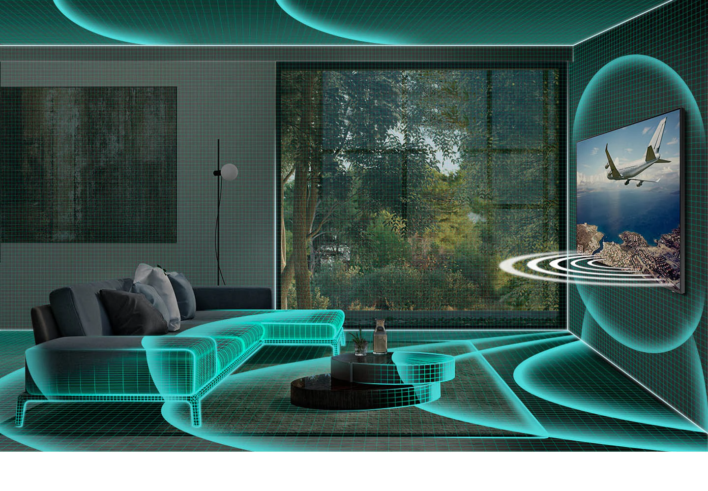 Soundwave graphics projecting from wall-mounted TV are spreading across the living room interior to demonstrate SpaceFit Sound room-analyzing capability.