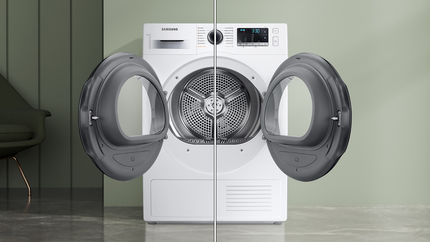 Description: DV5000T dryer with doors opened to both sides shows the reversible feature at a glance.