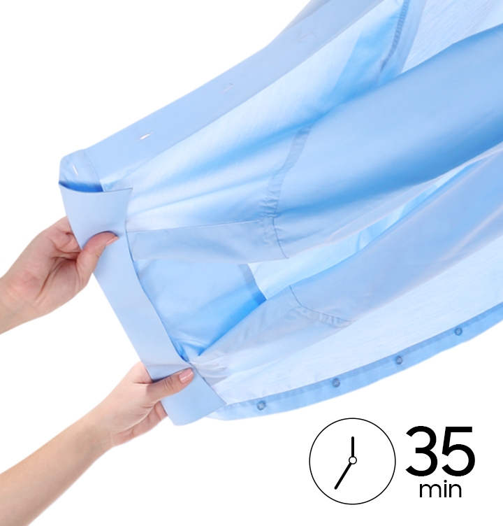 Description: Underneath a dried-up light blue shirt, there is a clock icon with the word “35 minutes.”