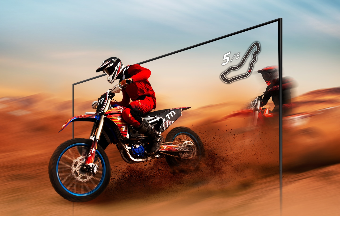 Description: A dirt bike racer looks clear and visible inside the UHD TV screen because of UHD TV motion xcelerator technology.