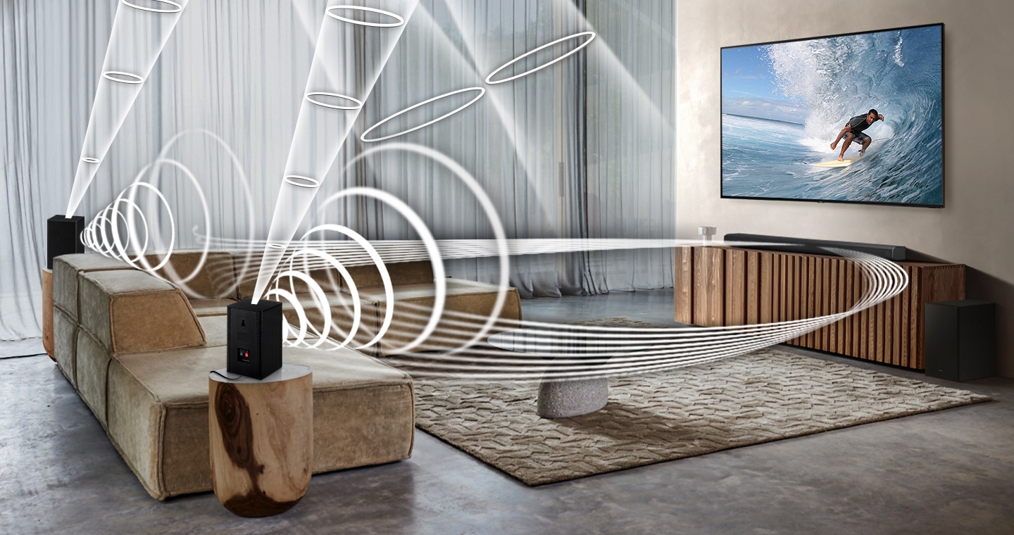 Description: Soundwave graphics are playing from Samsung Wireless Rear Speaker Kit and Soundbar, demonstrating Wireless Surround Sound Compatibile feature of Samsung soundbar.