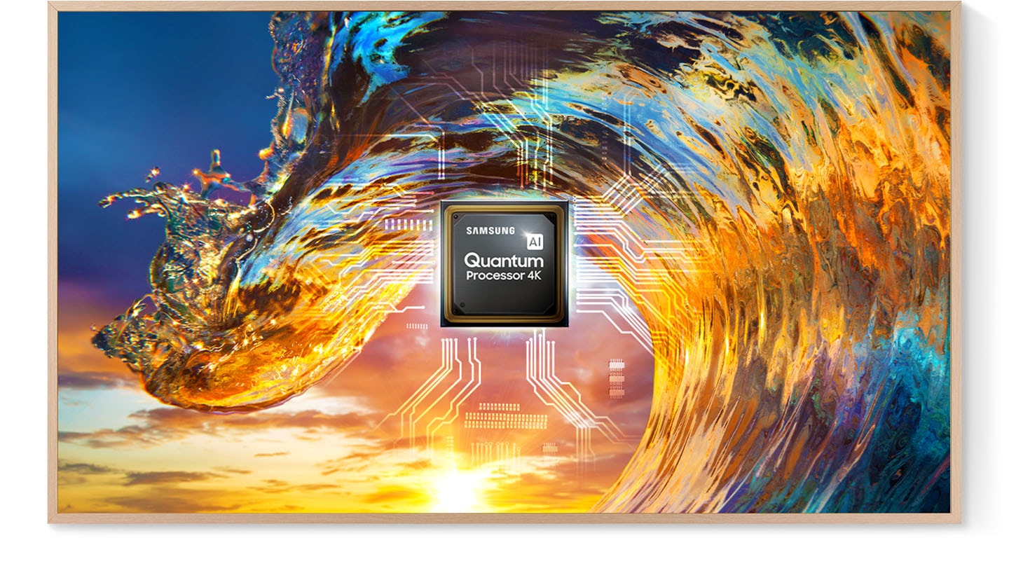 Description: The Frames screen is showing a high resolution image of an ocean wave during a sunset. Simulated to appear behind the image is a hardware design graphic where a processor chip with the logos of Samsung and AI Quantum Processor 4K can be seen.