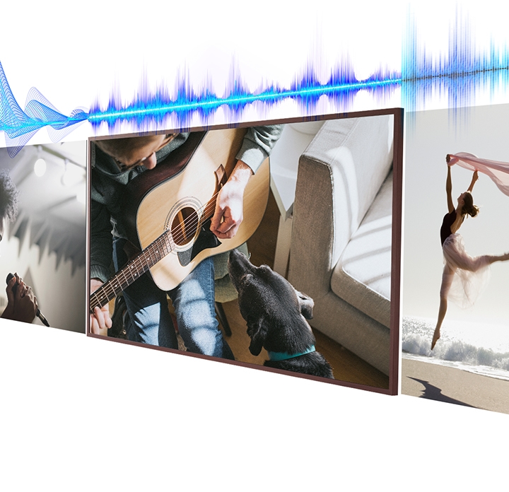 Description: An audio properties graphic is seen above three content scenes including a singer singing, a man playing guitar and a ballerina dancing on the beach. Above each scene the audio properties graphic has a different appearance according to the type of scene.